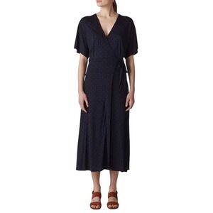 WHISTLES Spot Wrap Jersey Dress Size 10  Polka Dot Wrap Midi Flutter Sleeve
